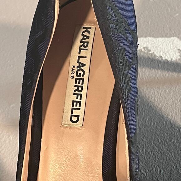 Karl Lagerfeld Brocade Pointed Toe Heels Size 9M Navy Black Pumps Evening Party - Picture 7 of 11